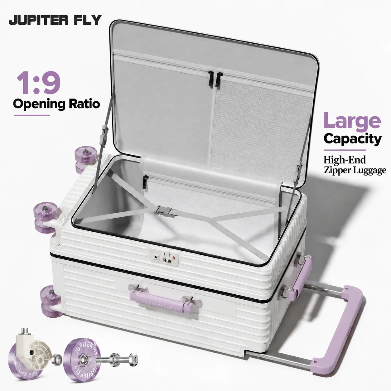 JUPITER FLY 20/24 Inch Stylish Purple Luggage Side Open TSA Lock Wide Handle 26 Inch Aluminum Frame Large Capacity Silent Wheels
