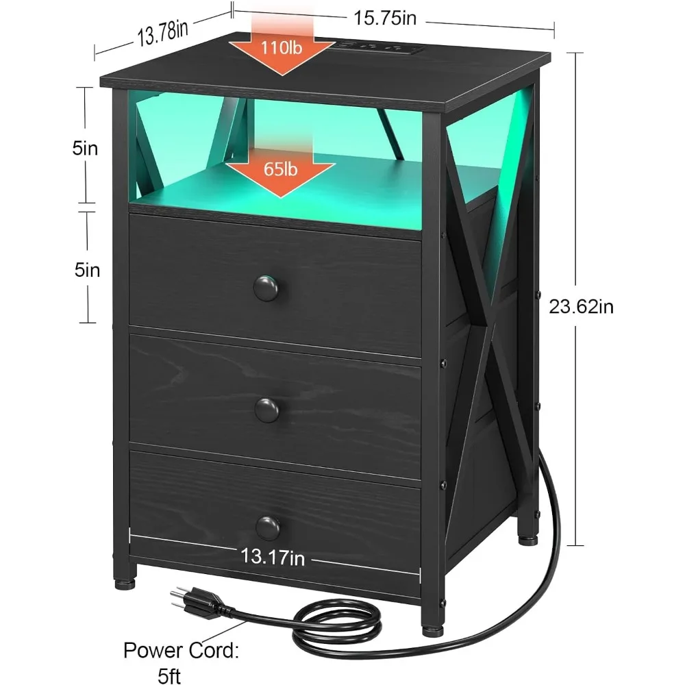 Set comodino 2, comodino LED con stazione di ricarica, tavolini laterali con porta USB e presa, comodino