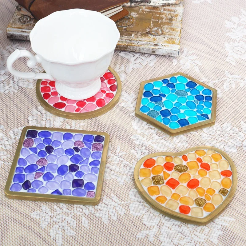 5PC/Set DIY Epoxy Resin Coaster Silicone Mold Heart Hexagon Round Square Irregular Mosaic Coaster Mold Decoration Crafts