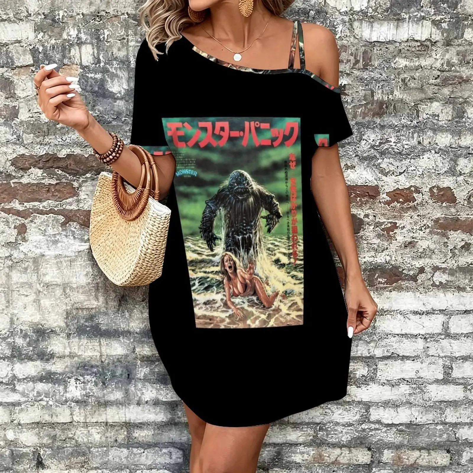 Humanoids from the Deep| Perfect Gift Women's Slanted Shoulder Single Strap Short-Sleeved Dress