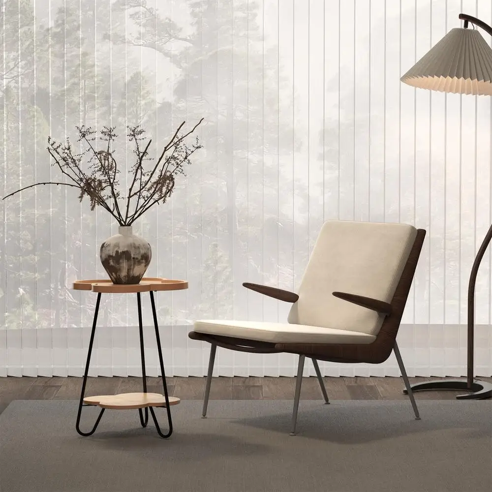 Meja Samping Bentuk Kelopak dengan Permukaan Kayu Bulat, Rangka Logam, Meja Aksen Modern dengan Rak Penyimpanan Dua Lapis