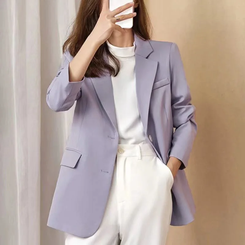 2023 New Purple Blazer Women\'s Casual Single Breasted Coat Autumn Spring Lavender Jacket Straight Loose Sleeve Office Women\'s