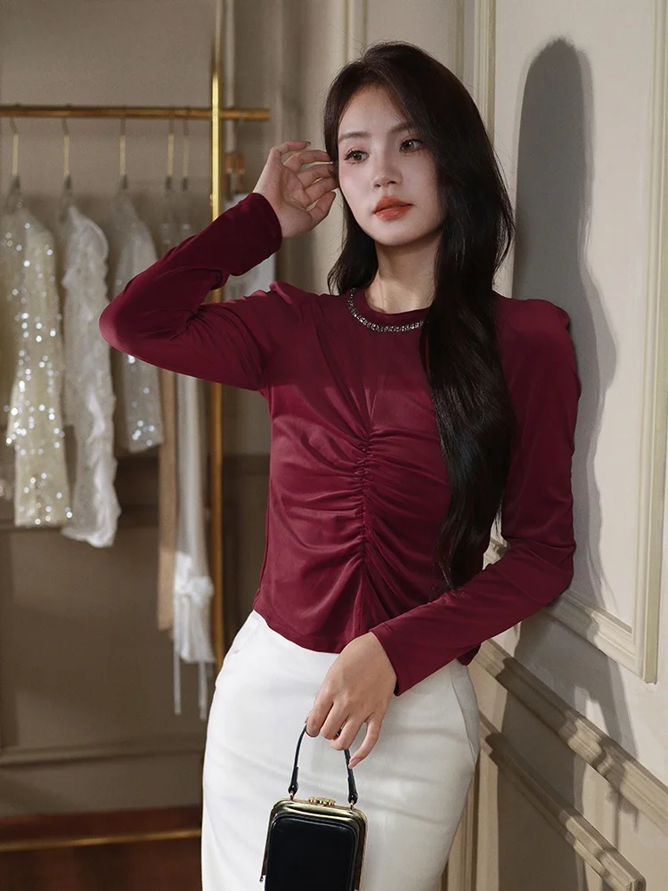 

Velvet under irt Women's Slim Fit Long Sve round Ne Heavy Embellied Faionable Korean Sle Commute Wind Autumn New...