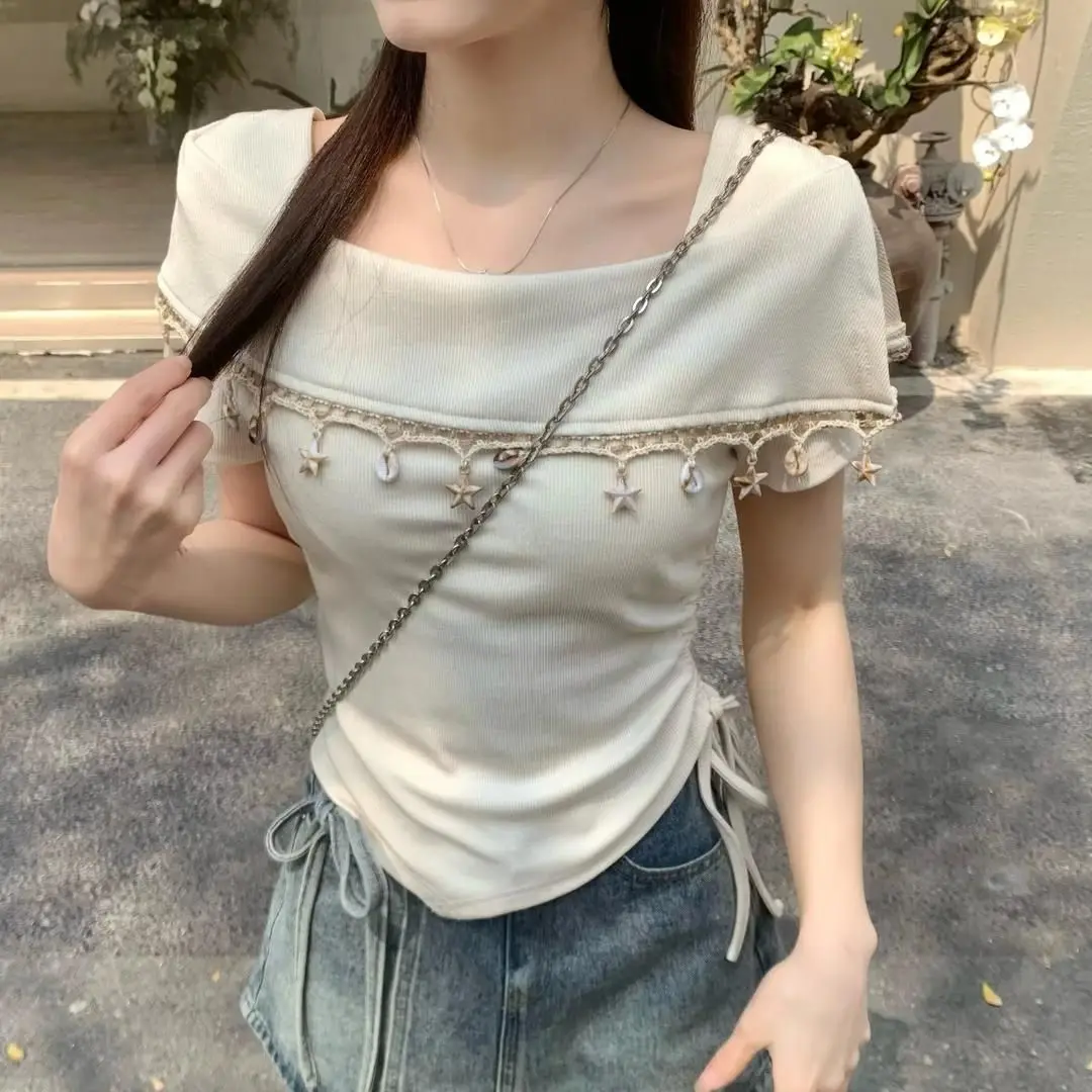 Fashion Retro Heavy Industry Fringed Square Neck Short-sleeved T-shirt Women's Summer New Pleated Slim Top