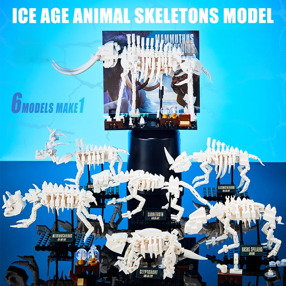 

6 in 1 MOC Bricks Ice Age Animal Skeletons Building Blocks Smilodon Megaloceros Cave bear Glyptodon Toys for Kids Christmas Gift