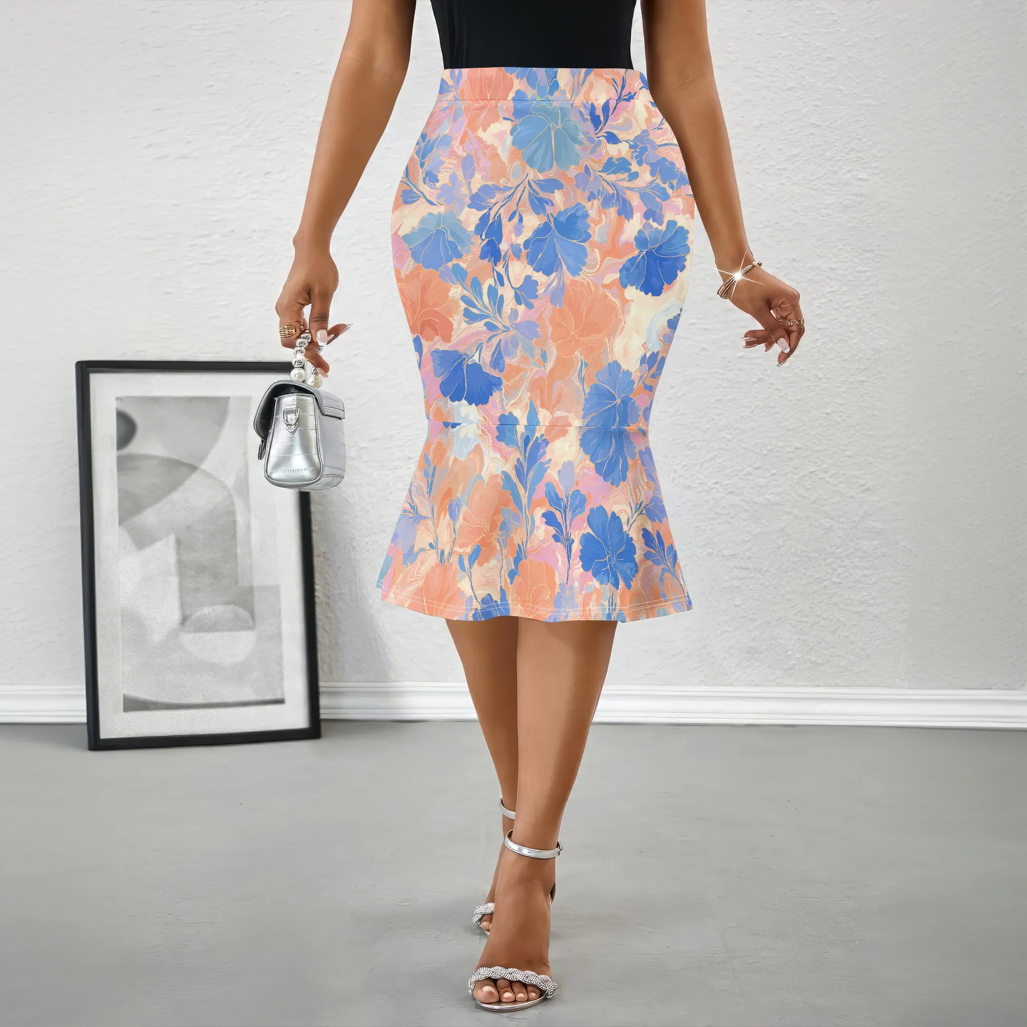 Floral Mermaid Skirt, Blue Orange Print Midi, Ruffle Hem Bodycon, Elegant Party Work Wear S-2XL