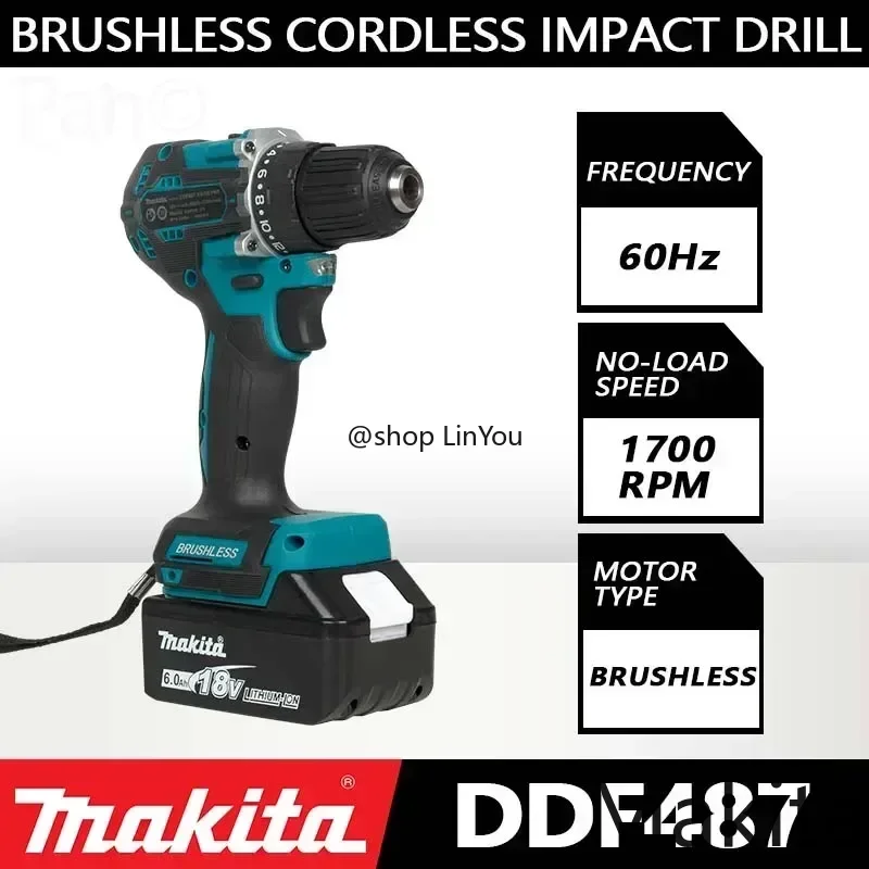 Makita DDF487 10mm brushless 18V lithium rechargeable impact drill, high-torque electric screwdriver