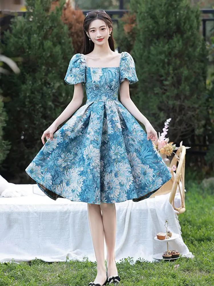 Blue Oil Painting Printing Short Party Dress French Square Collar 18 Year   Girls Graduation Gown A-Line Bridesmaid Dresses