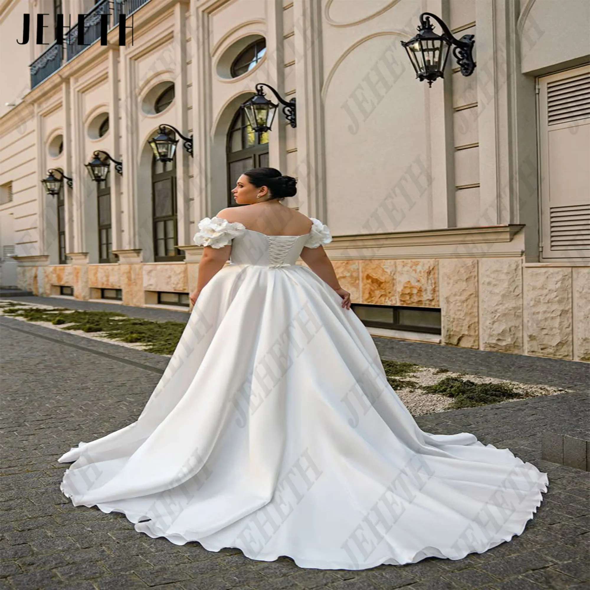 JEHETH-vestido De Novia Sexy De talla grande, satén, corte en A, con cordones, hombros descubiertos, cuello en V, vestido De Novia con abertura lateral personalizado Vestido de novia sexy jeheth tamaño extra satén chal