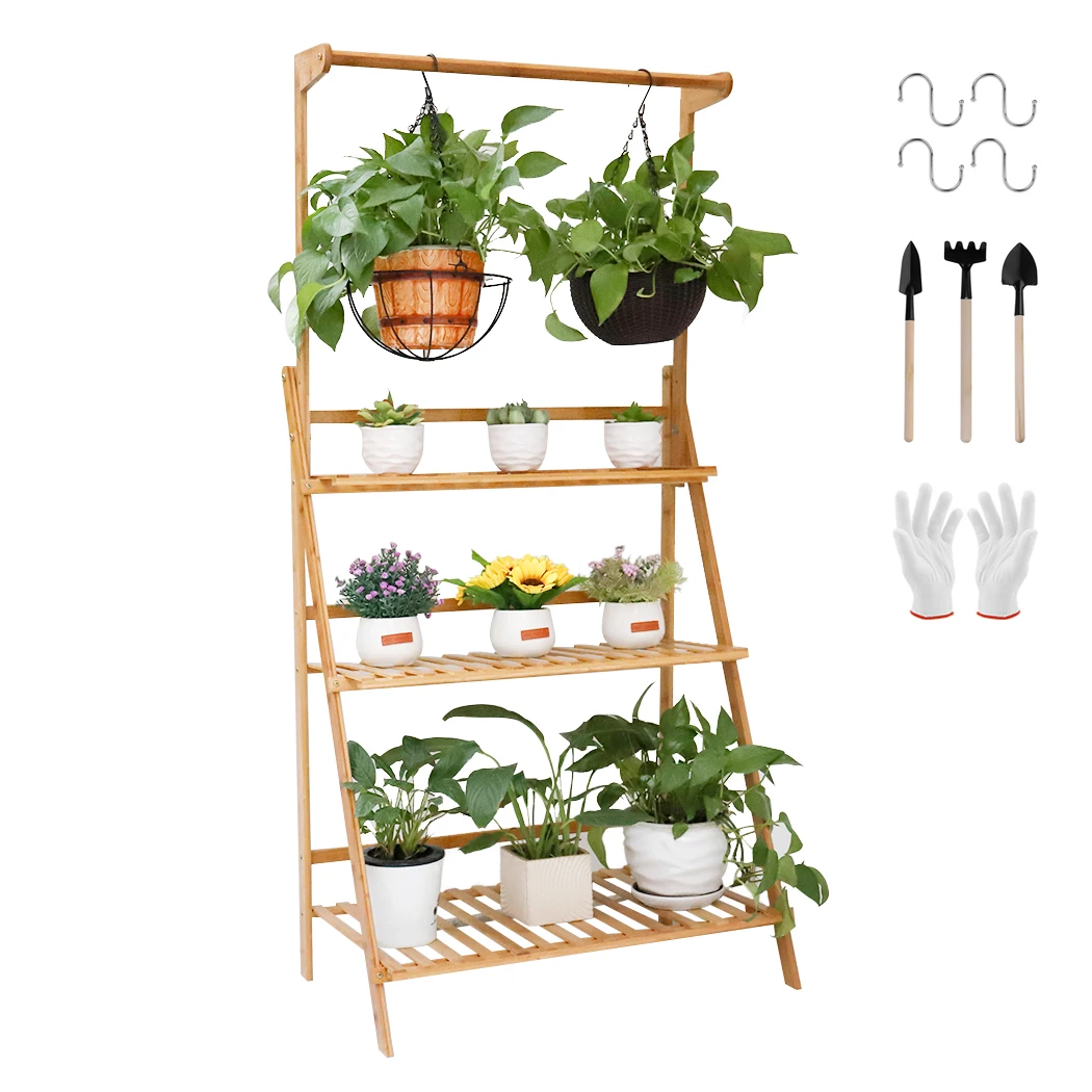 

Bamboo 3-Tier Hanging Plants Stand Folding Planter Pot Organizer Storage Shelves Rack Flower Display Shelving Holder