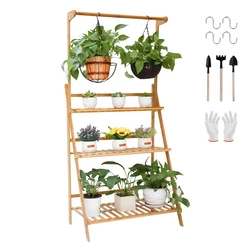 Soporte plegable de bambú para plantas colgantes, organizador de macetas, estantes de almacenamiento, estante de exhibición de flores, 3 niveles