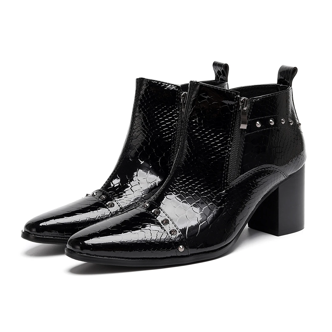 

Fashion Patent Leather Rivets Men High Heel Boots Plus Size Pointed Toe Ankle Boots Drag Queen Club Party Formal High Heel Shoes