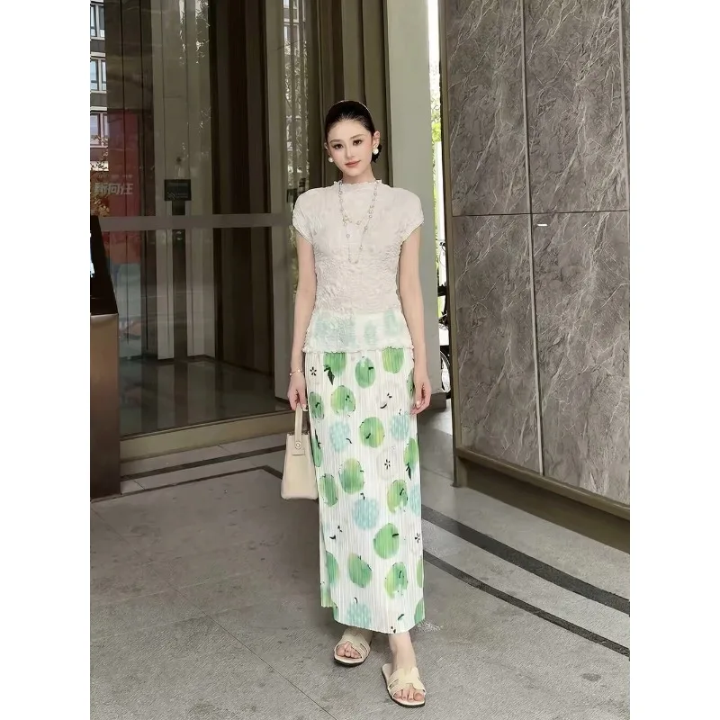 Miyake Pleated 2026 Summer New Green Apple Print Women's Mid-Length Casual Elegant Design Pleated Skirt Fashionable Half Skirt