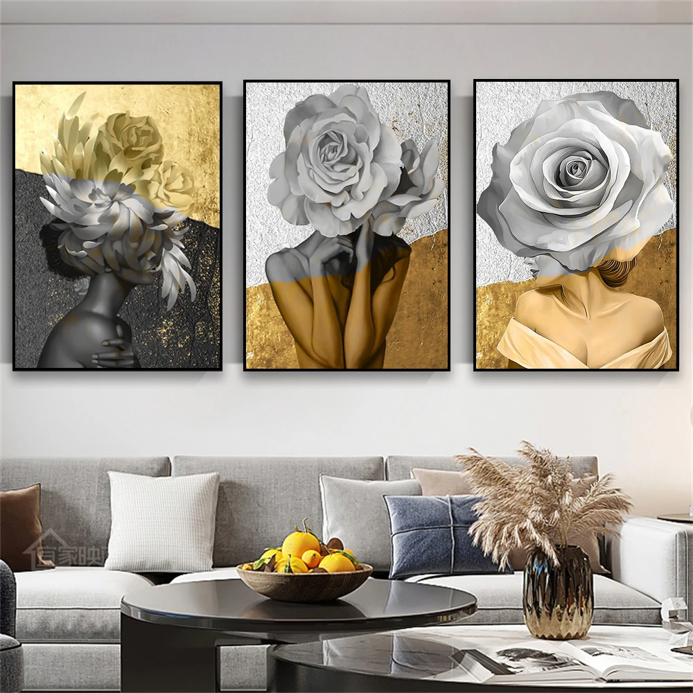 Modern Rose Woman Poster Woman with Rose Head Prints Sexy Women Flower Canvas Painting Nordic Style Home Room Decor Wall Art