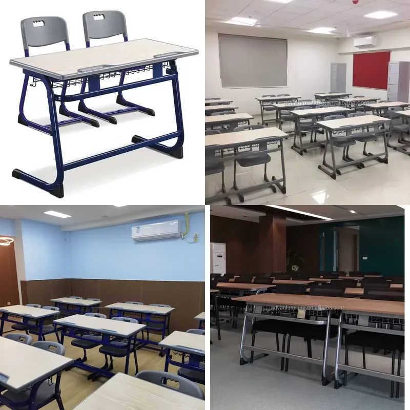 for Primary School Furniture Double Metal Traditional Blue Gray Desks and Chairs Set