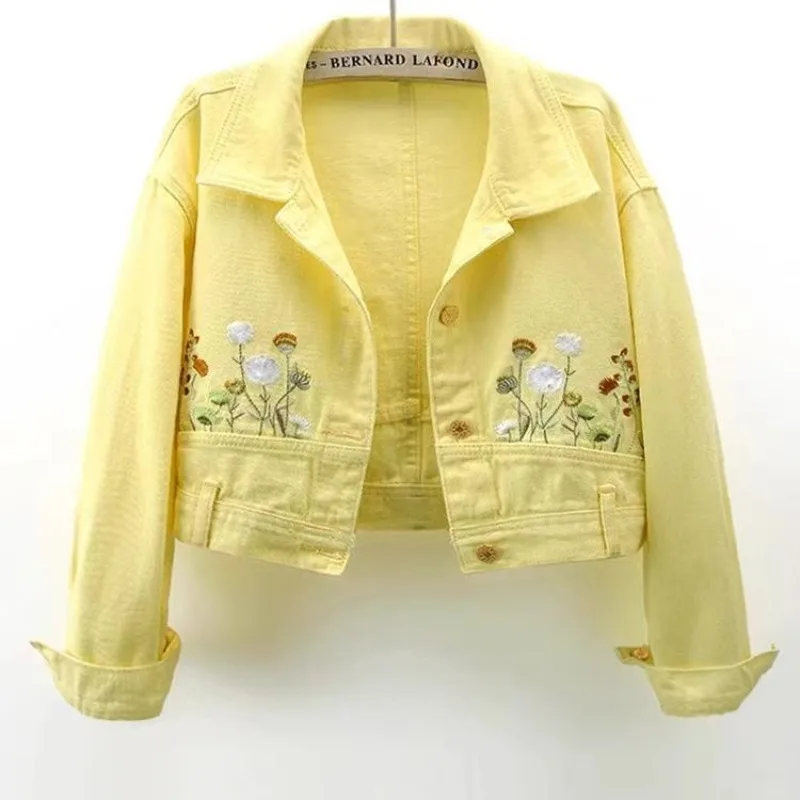 Ladies' Yellow Embroidered Flower Short Denim Jacket, Fashionable and Romantic Style for Spring and Autumn,a Versatile Outerwear