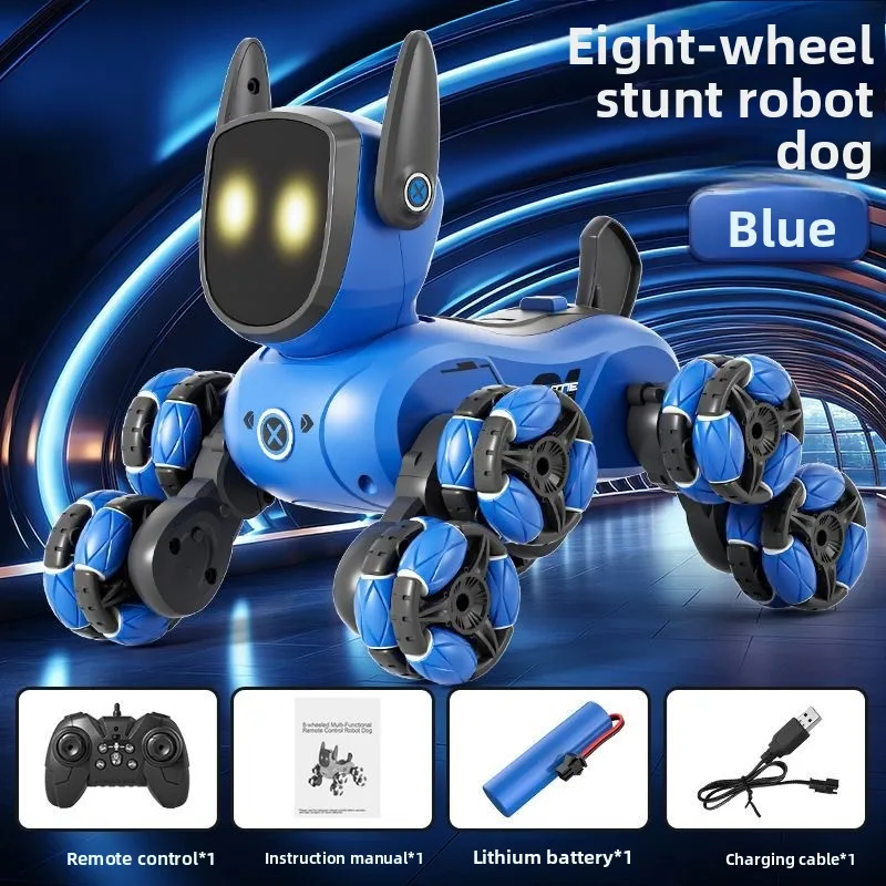 Brinquedo inteligente para cachorro robô RC - Pequeno animal de estimação com controle remoto interativo multifuncional de 8 rodas para meninos e meninas