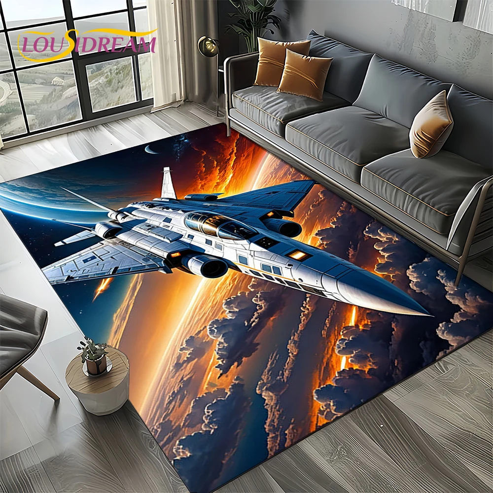 3D Space Spitfire Aircraft  Air Force Jet Fighter Cartoon Carpet Rug for Living Room Bedroom Sofa Decoration,Non-slip Floor Mat