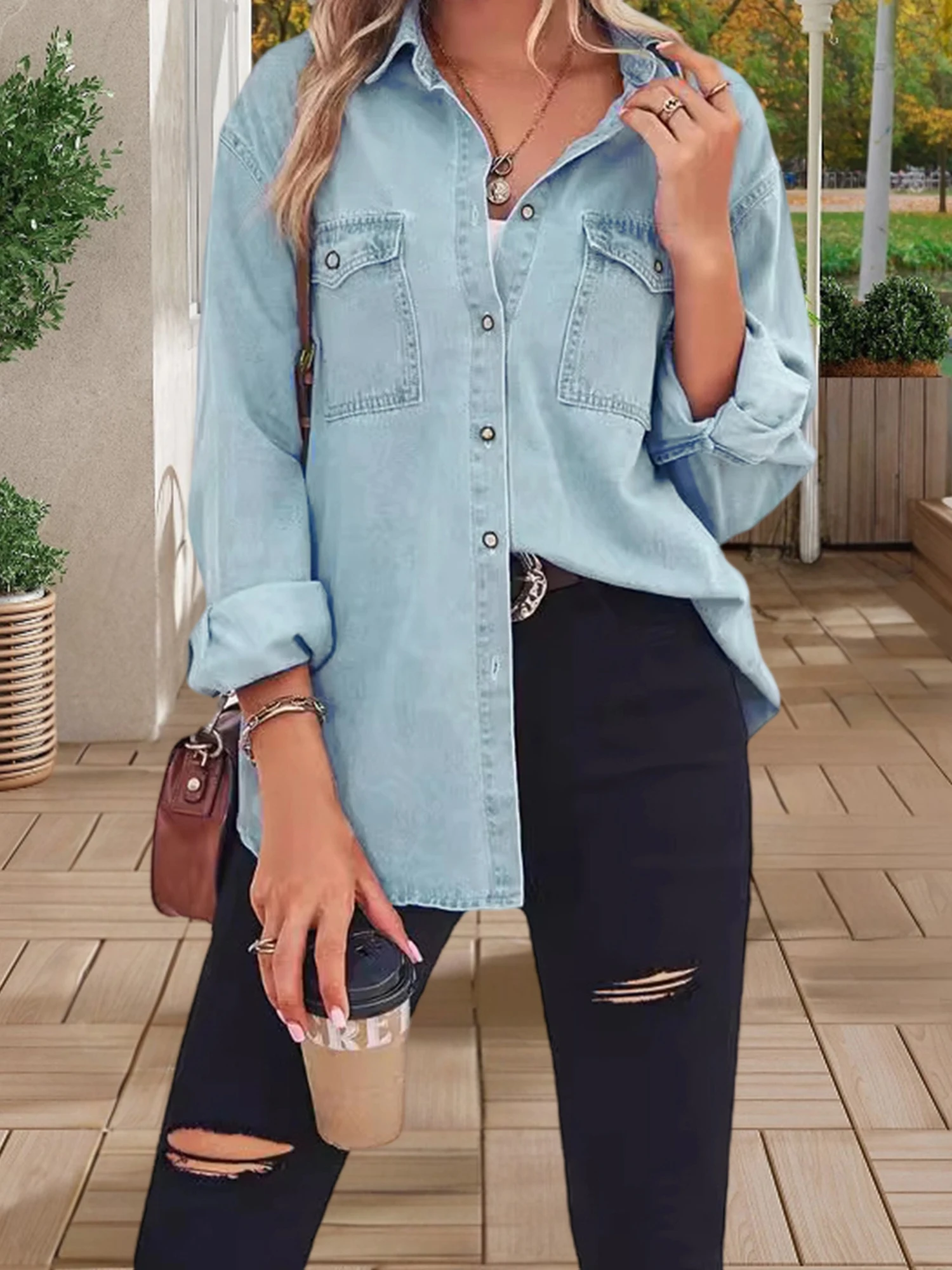 Women s Oversized Denim Jacket with Button Closure and Turn Down Collar Casual Loose Fit Long Sleeve Coat for Fall