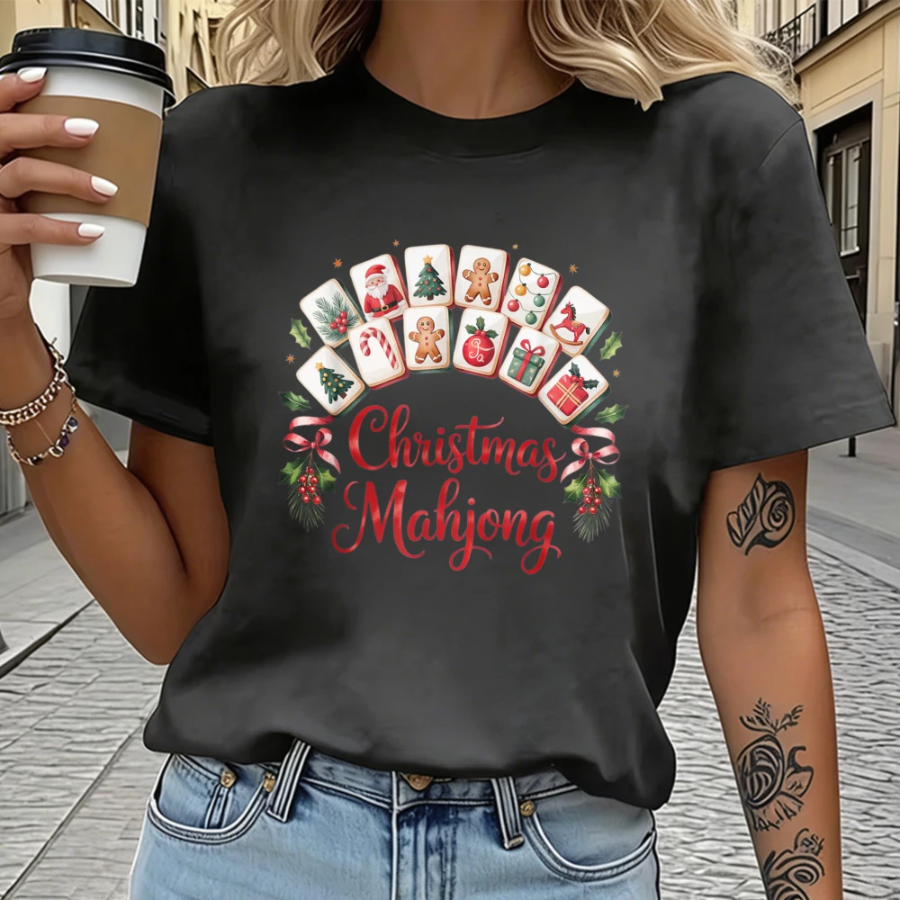 Christmas Mahjong Playing in Holiday Night Game Gatherings T-Shirt Mahjong Themed Fashion Cotton Tshirt Winter Casual Unisex Tee