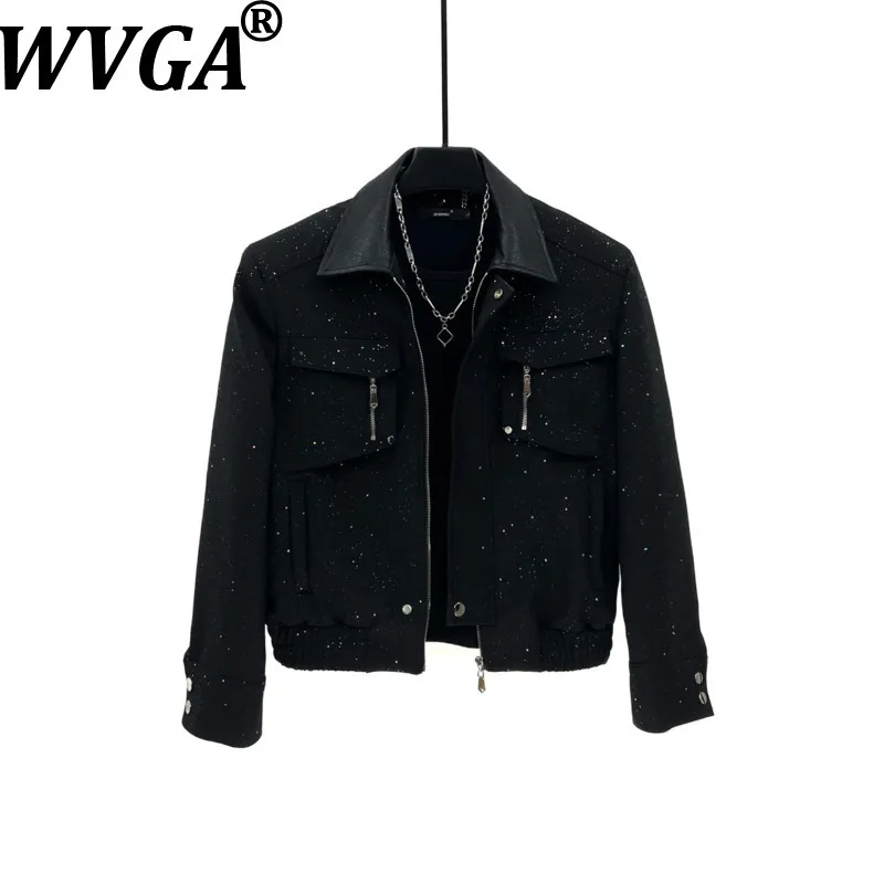 WVGA Stylish Starry Sky Short Jacket For Men Korean Version Trendy Loose Zipper Pocket Turn-down Collar Patchwork Leather W18107