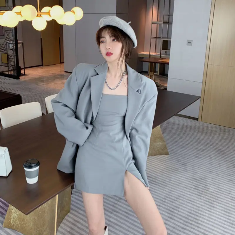 

Women's 2024 Autumn New Fashion Suit Coat Dress Matching Set Korean Elegant Casual Blazers Jacket+Slim Suspender Skirt Two-piece