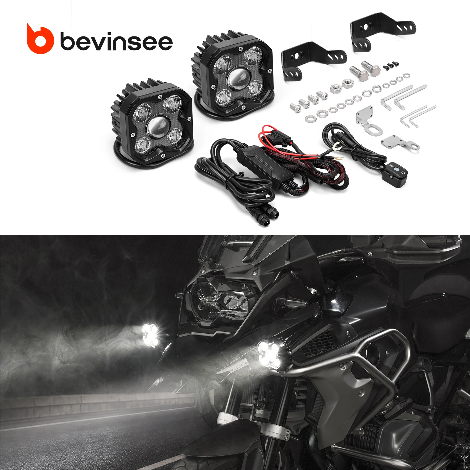 BEVINSEE Motorcycle Car LED Auxiliary Lights for Off-road Adventures Camping Construction Work Emergency Rescue 50W 3600LM IP67