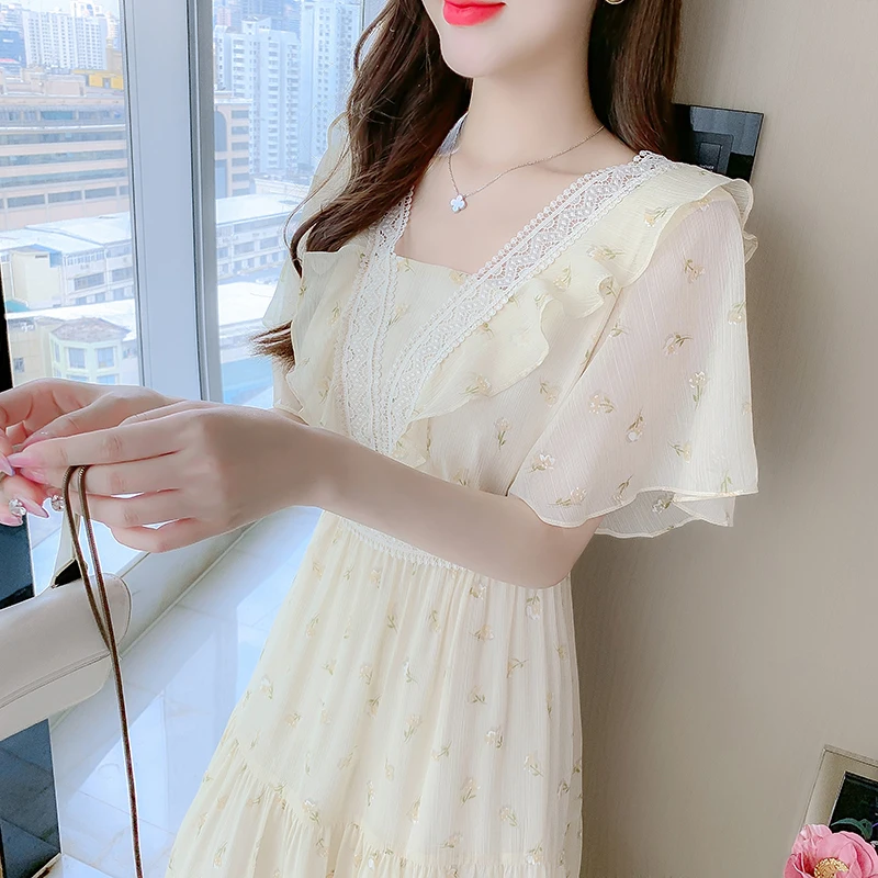 تنورة شيفون مطبوعة بالورود دكتور للسيدات لصيف 2024 بخصر عالٍ لقضاء العطلات على الشاطئ تنورة خرافية للتنقل Sle ort Sve بياقة مربعة #4