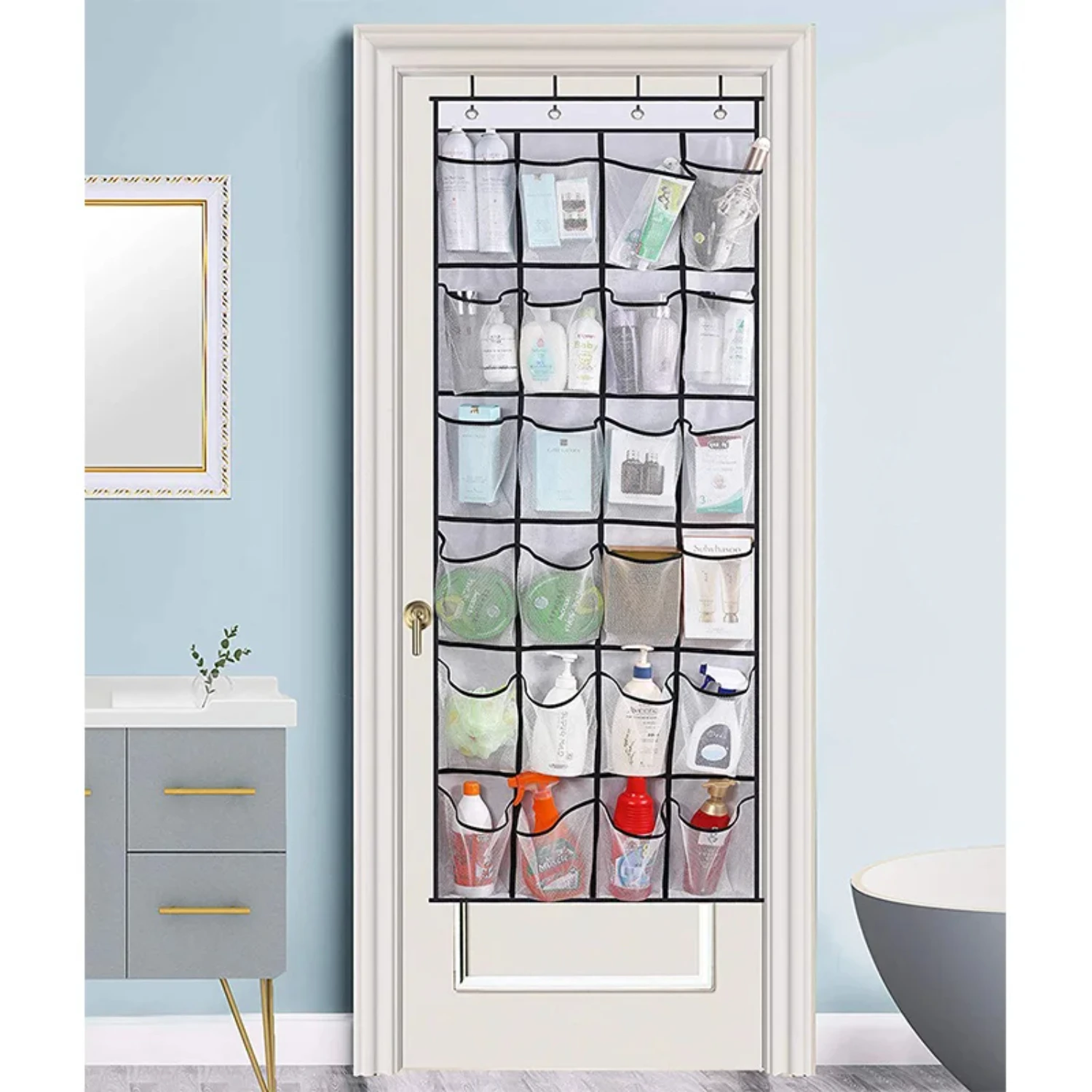 1x 24 Grid Wall-mounted Sundries Shoe Organiser Fabric Closet Bag Storage Rack Mesh Pocket Clear Hanging Over The Door Cloth Box