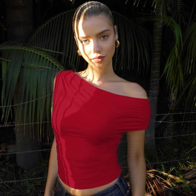 Cryptographic Elegant Fashion Ruched Asymmetrical Tops Casual Outfits Solid Sexy Cropped Tops Basic T-shirt Tee Summer Clothes