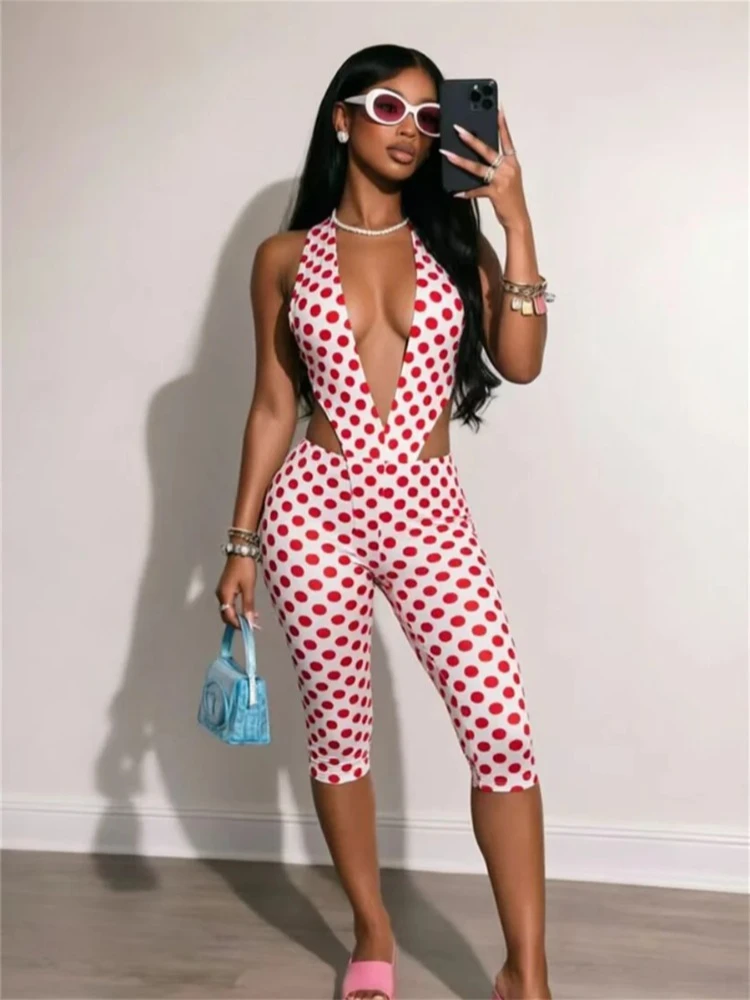 

Leosoxs Street Hottie 2 Piece Set Women Polka Dot Print Deep V-Neck Sleeveless Top+Calf Length Pants Stretch Wild Club Suits