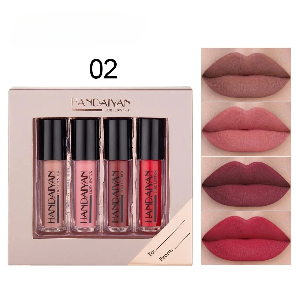 Juego de maquillaje de colección de brillo de labios, juego de lápiz labial líquido con espejo mate, Cosméticos de maquillaje de labios impermeables de larga duración, 4 Uds.