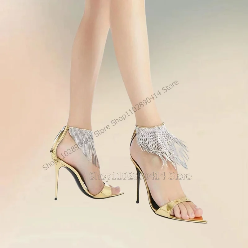 

Crystal Tassels Decor Gold Open Toe Sandals Back Zipper Women Shoes Thin High Heels Novel Fashion Party 2023 Zapatos Para Mujere