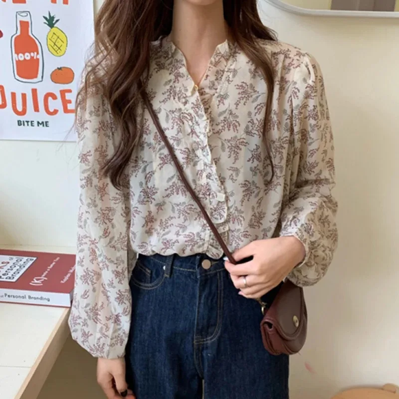 Sweet Button Printed Floral Women Shirt Casual Slim Chiffon Blouse Korean Style Puff Long Sleeve Office Lady Tops Blusas 10314