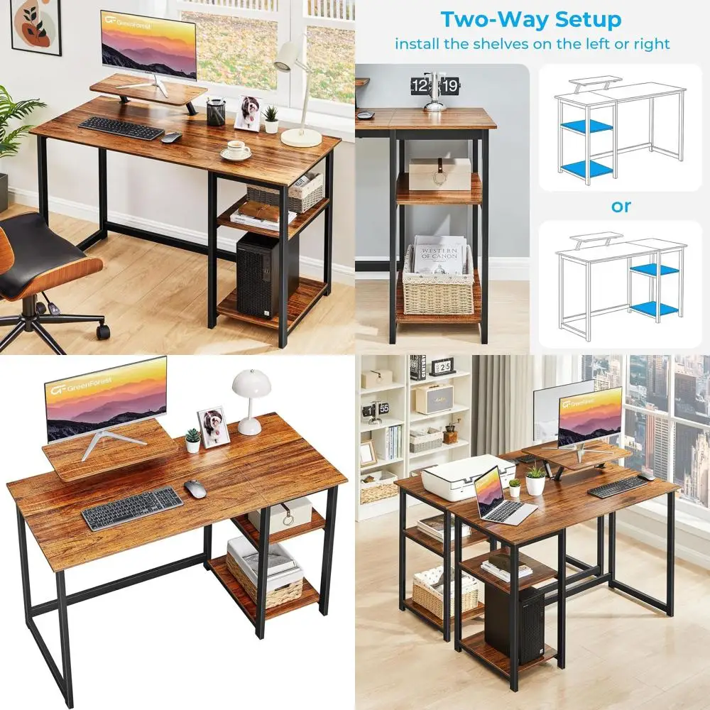 

Modern Walnut 47 Home Office Desk with Monitor Stand and Reversible Shelves for Study and Work