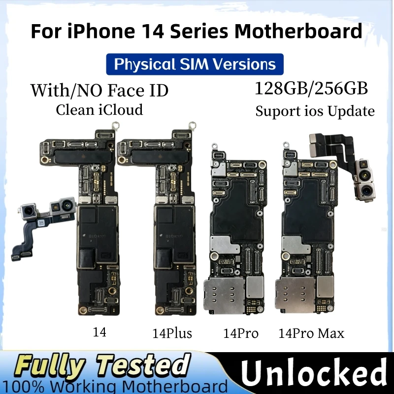 Unlocked Motherboard For iPhone 14 Pro, 14 Pro Max, 14 Plus Clean ICloud Logic Board With/No Face ID Mainboard Replacement