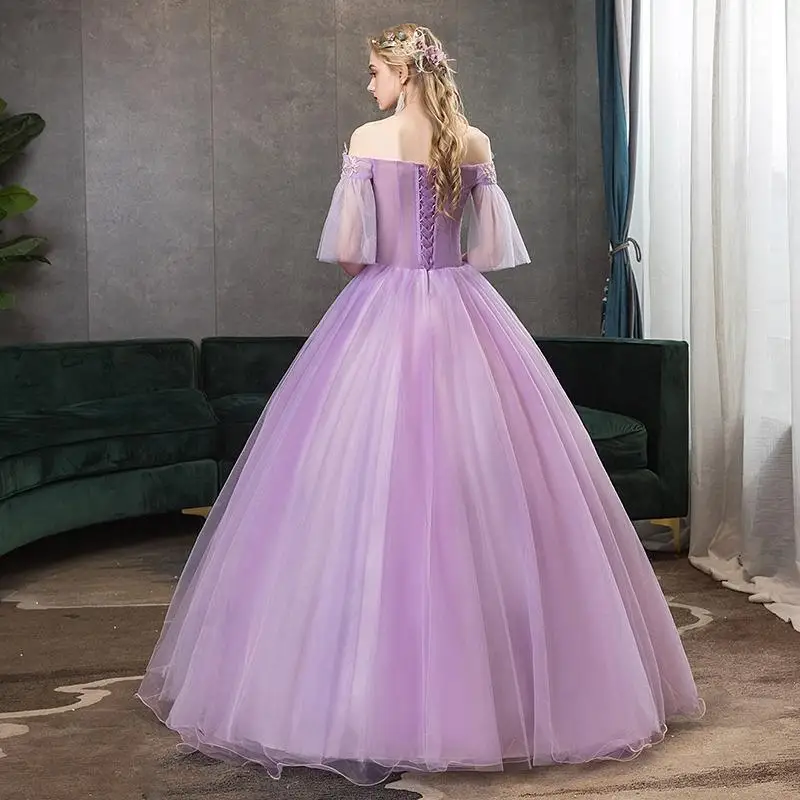 Purple Luxury Sleeved Evening Dress One Line Neck Fluffy Dress Evening Dress Long Prom Dress Birthday Party