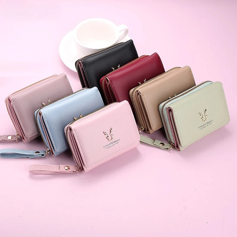 Women PU Leather Wallet Ladies Small Card Holder with Wrist Strap Zip Around Short Purse Multi Slot Photo Window Money Bag