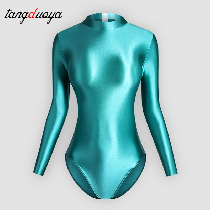 

Однотонный глянцевый балетный купальник-боди женский с длинным рукавом, облегающий, с воротником-стойкой, на молнии сзади, для выступлений на сцене, купальник
