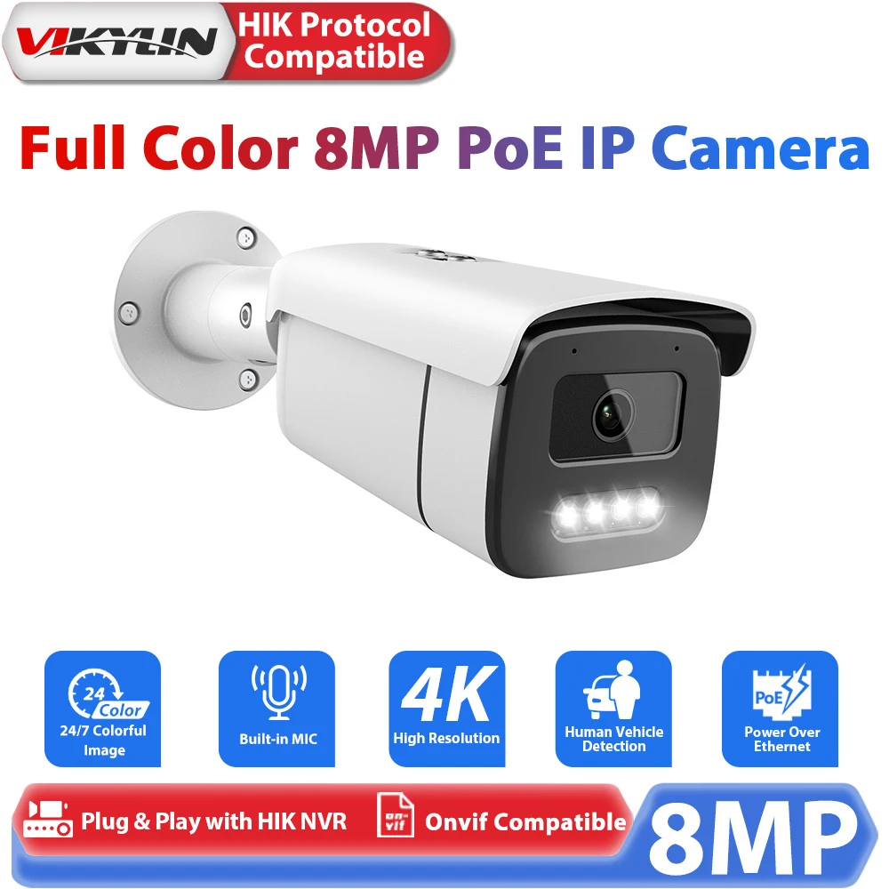 Vikylin 4K 8MP IP Camera for Hikvision Compatible POE Kamera ColorVU Human Vehicle Detection with MIC Home CCTV Security Caemra