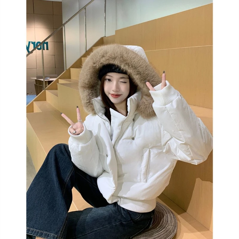

Американская уличная одежда, простой меховой воротник, белая короткая куртка с капюшоном на молнии, женское бархатное утолщенное повседневное пальто, осень 2023 г.