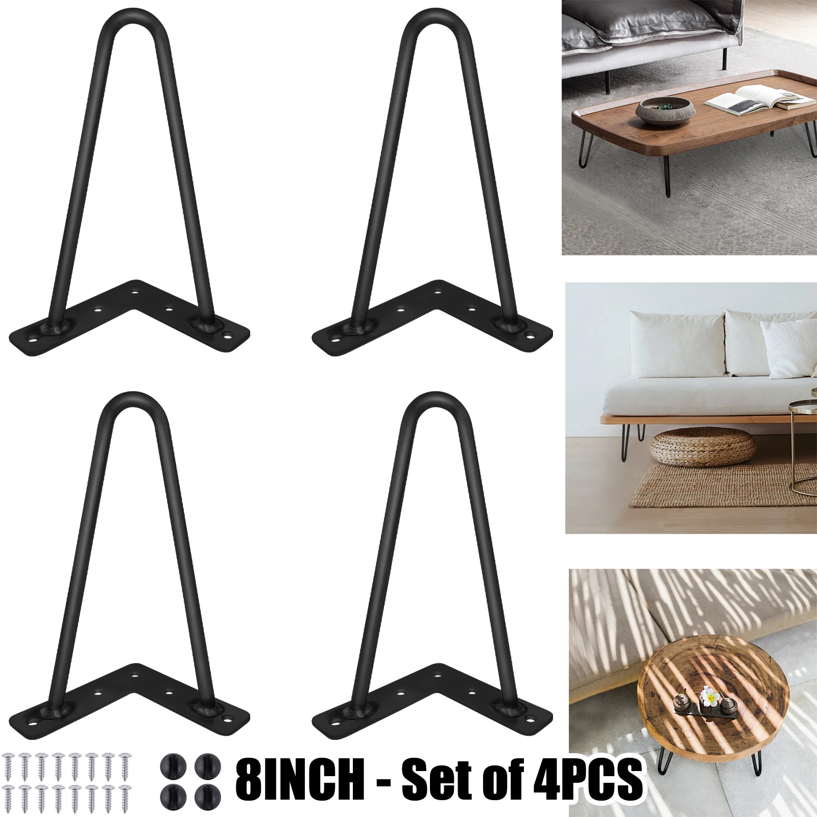 8 Zoll Metall-Tischbeine, 4 Stück 20cm Haarnadelbeine Schwarz 2 Stangen 10mm Mid-Century Modern Industriestil für Kleiderschränke Sofas Schubladen Schränke DIY-Möbel mit Schutzfüßen & Schrauben