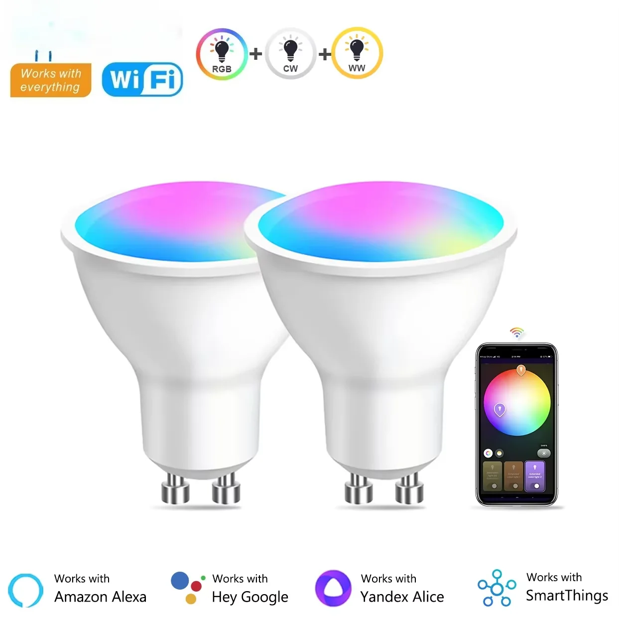 URGGU RGB GU10 LED Spotlight Bulb WiFi Voice Control Dimmable 6W Color Changing for Bedroom Living Room