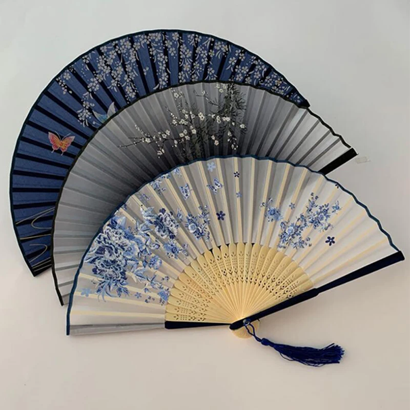 Seda Vintage Folding Fan, Arte Chinesa e Japonesa Artesanato Presente, Decorações para casa, Dança Mão Fan, Bambu Room Decor, Madeira Fans