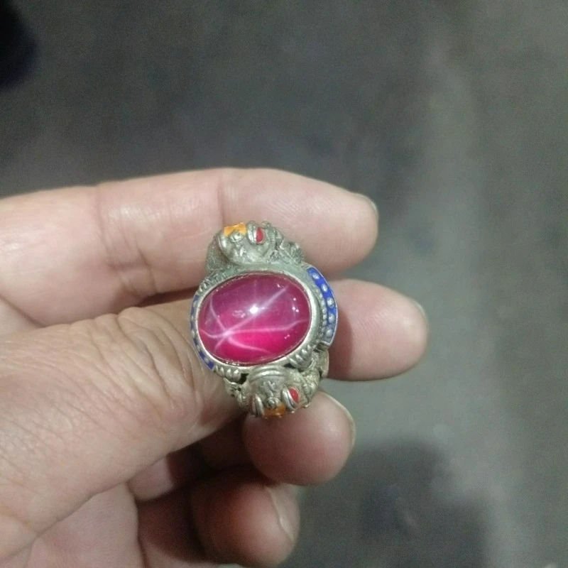 Fine Collectible Open Finger Ring, Cloisonne Enamel Inlaid Star Gemstone, Real Shot, Retro Adjustable Unisex Statement Ring