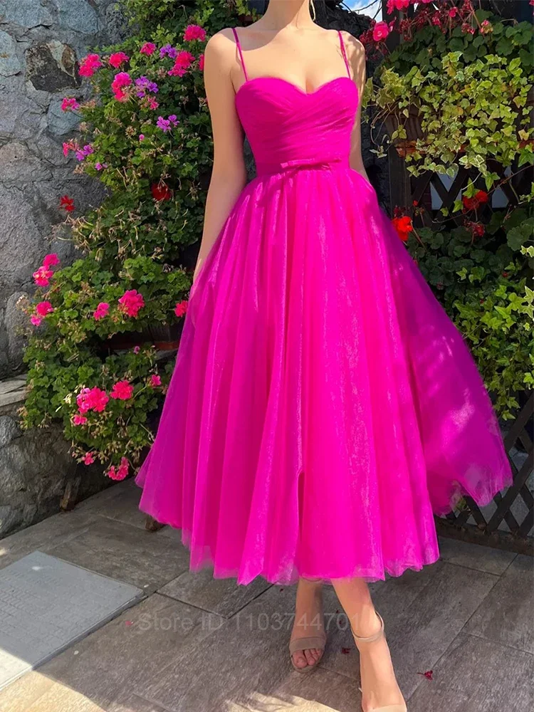 

Rose Red Sweetheart Prom Dresses 2024 Pleat Spaghetti Straps A-Line Backless Blet Tea-Length Tulle Fairy Evening Gown Vestidos