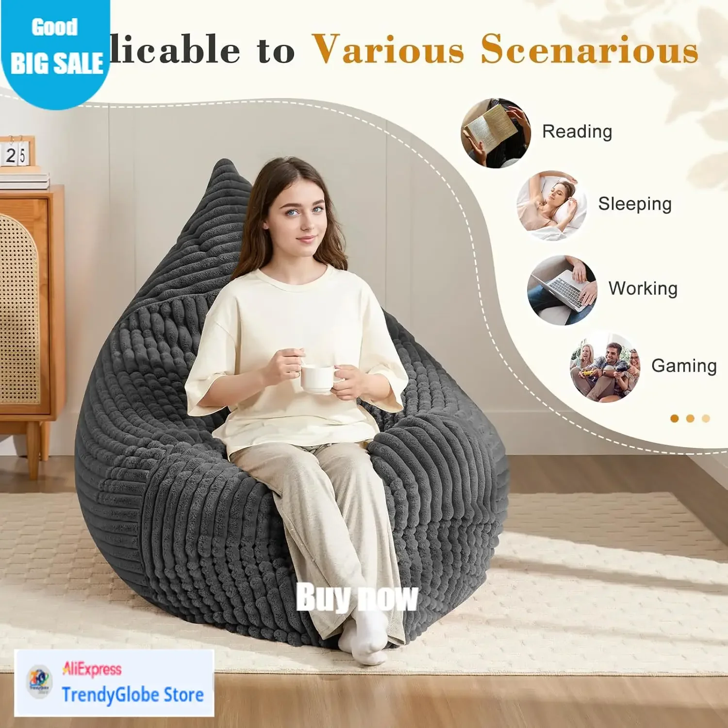 

Бестселлер: Гигантское кресло-мешок 3-в-1 для взрослых и детей, трансформируемое в напольный диван-матрас, с наполнителем из высокоплотного пенополиуретана