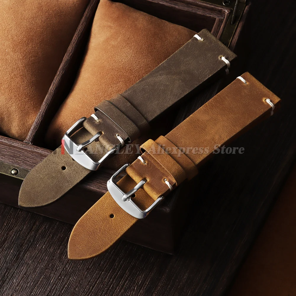 18mm 19mm 20mm 21mm 22mm 24mm Vintage Oil Wax Cowhide Leather Watch Band Handmade Stitching Strap for Omega for Rolex Wristbands