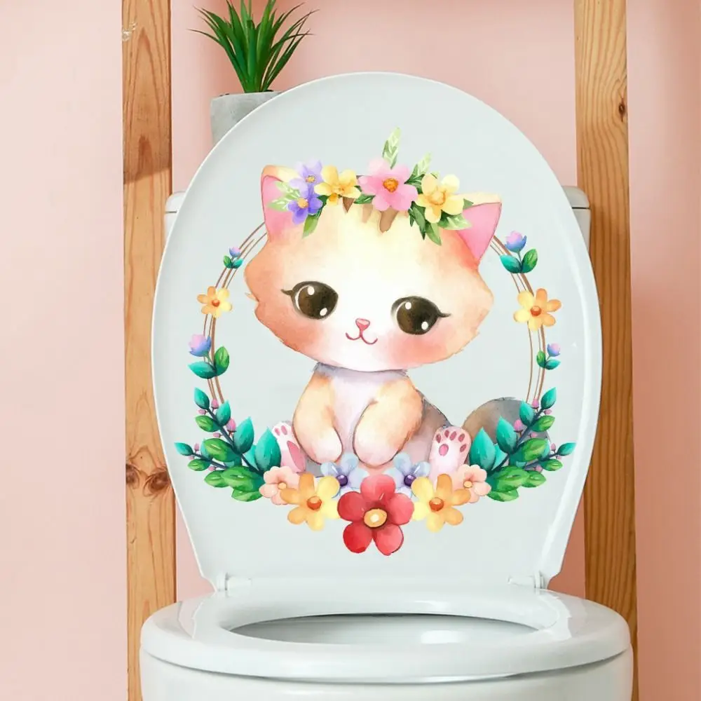 Cartoon Cat Toilet Sticke Self-adhesive Adorable Cat Wall Decals Waterproof Cartoon Bathroom Mural Decorative Sticker