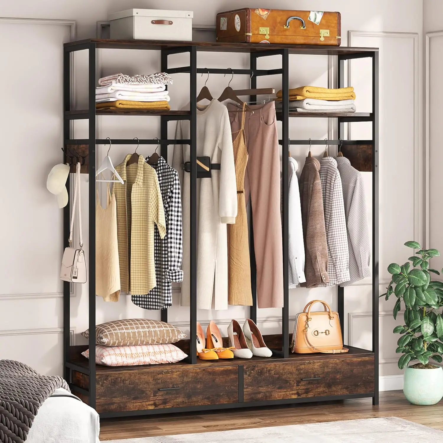 Freestanding Closet Organizer with 2 Drawers, 71’’H X 55’’W Heavy Duty Garment Rack with Shelves and 6 Hooks,